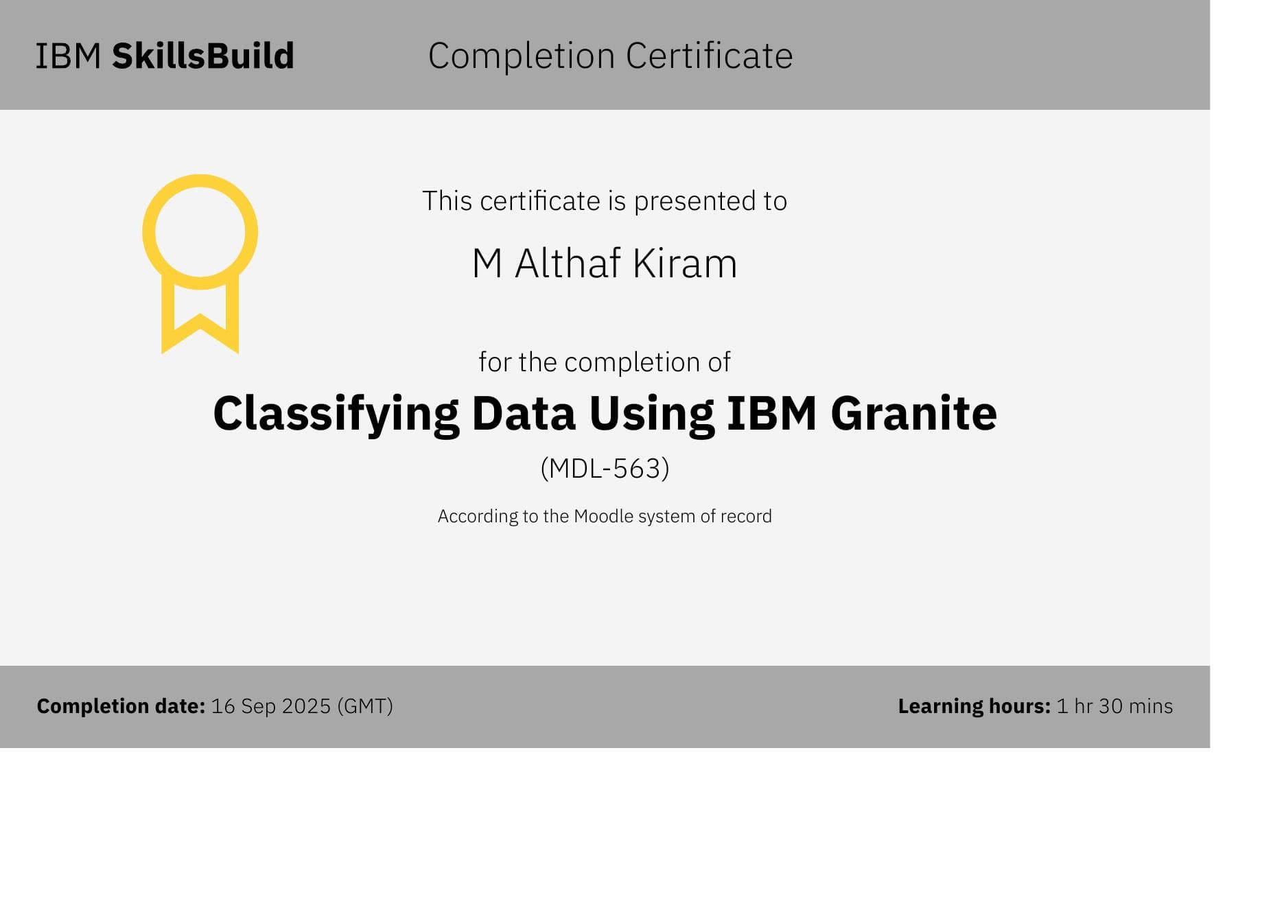 Classifying Data Using IBM Granite certificate preview