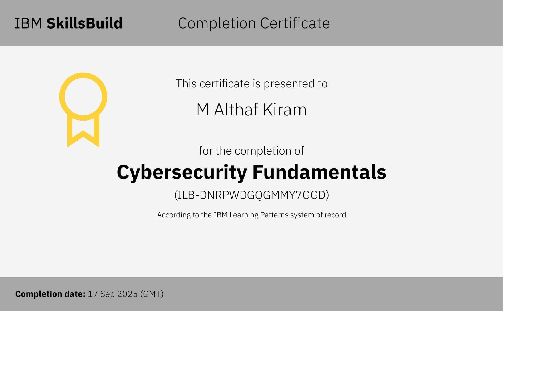 Cybersecurity Fundamentals certificate preview