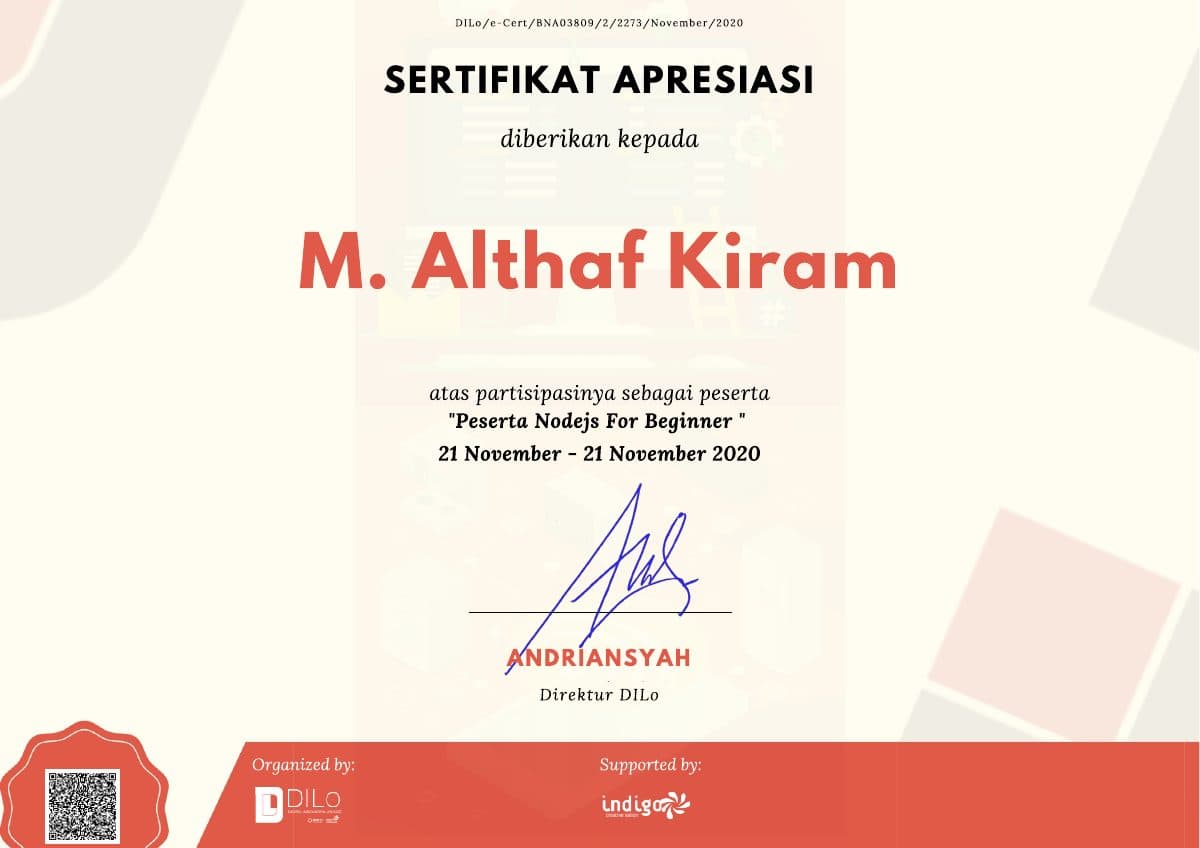 Node JS Beginner certificate preview
