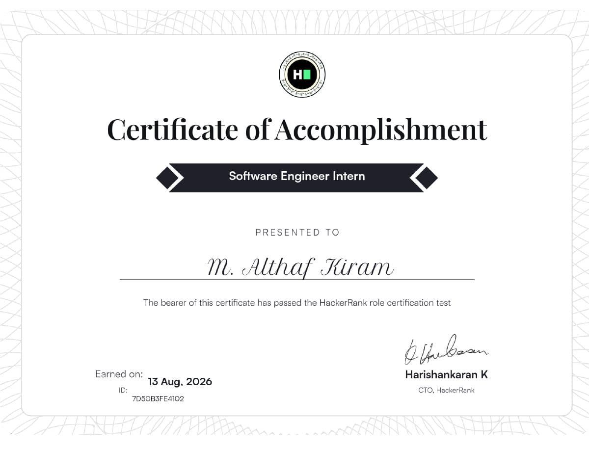 Software Engineer Intern certificate preview