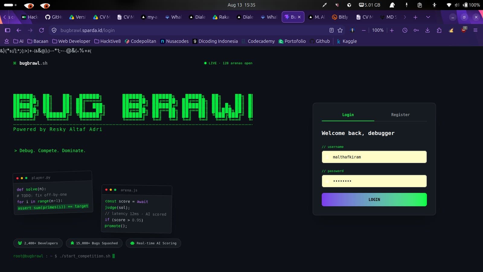 Bug Brawl login and live arena branding